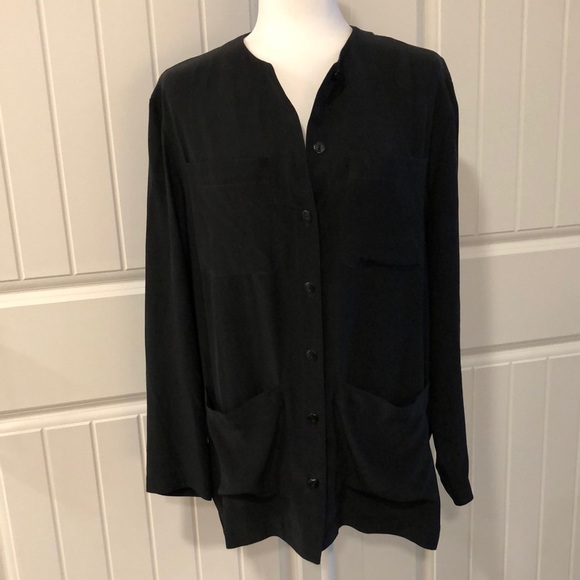VTG Liz Claiborne Collection 100% Silk Washable Black Tunic Top With Pockets - Picture 1 of 10